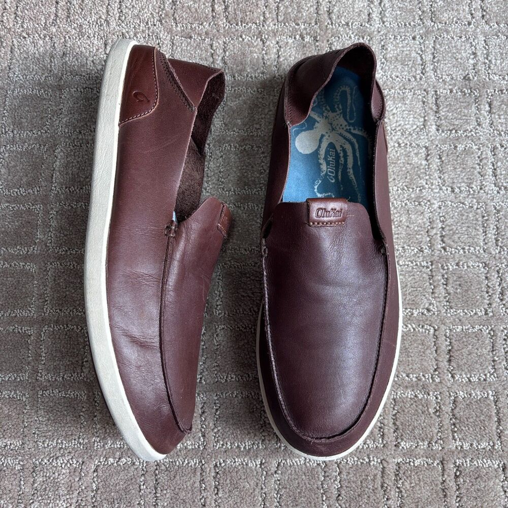 OluKai Nalukai Leather Slip On Shoes Men 12 Brown Loafer Preppy Casual Drop Heel